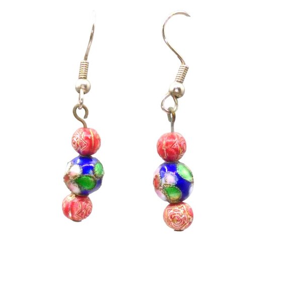 Vintage Chinese Cloisonne Earrings with Carved Rose Beads Dangles, Blue Floral - Picture 2 of 3